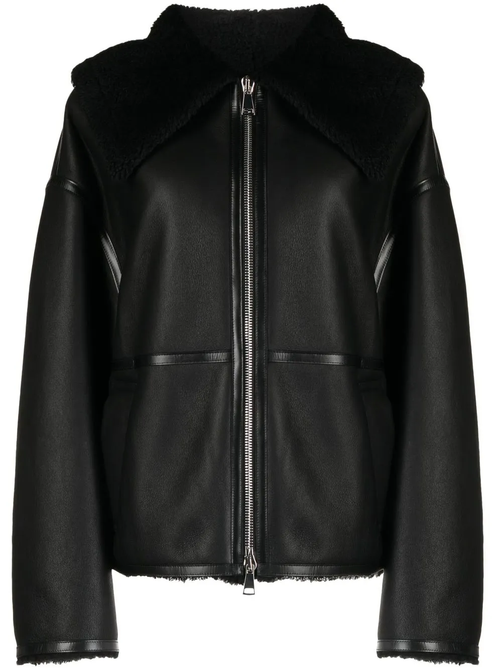 Goen.J shearling-lined aviator leather jacket – Black