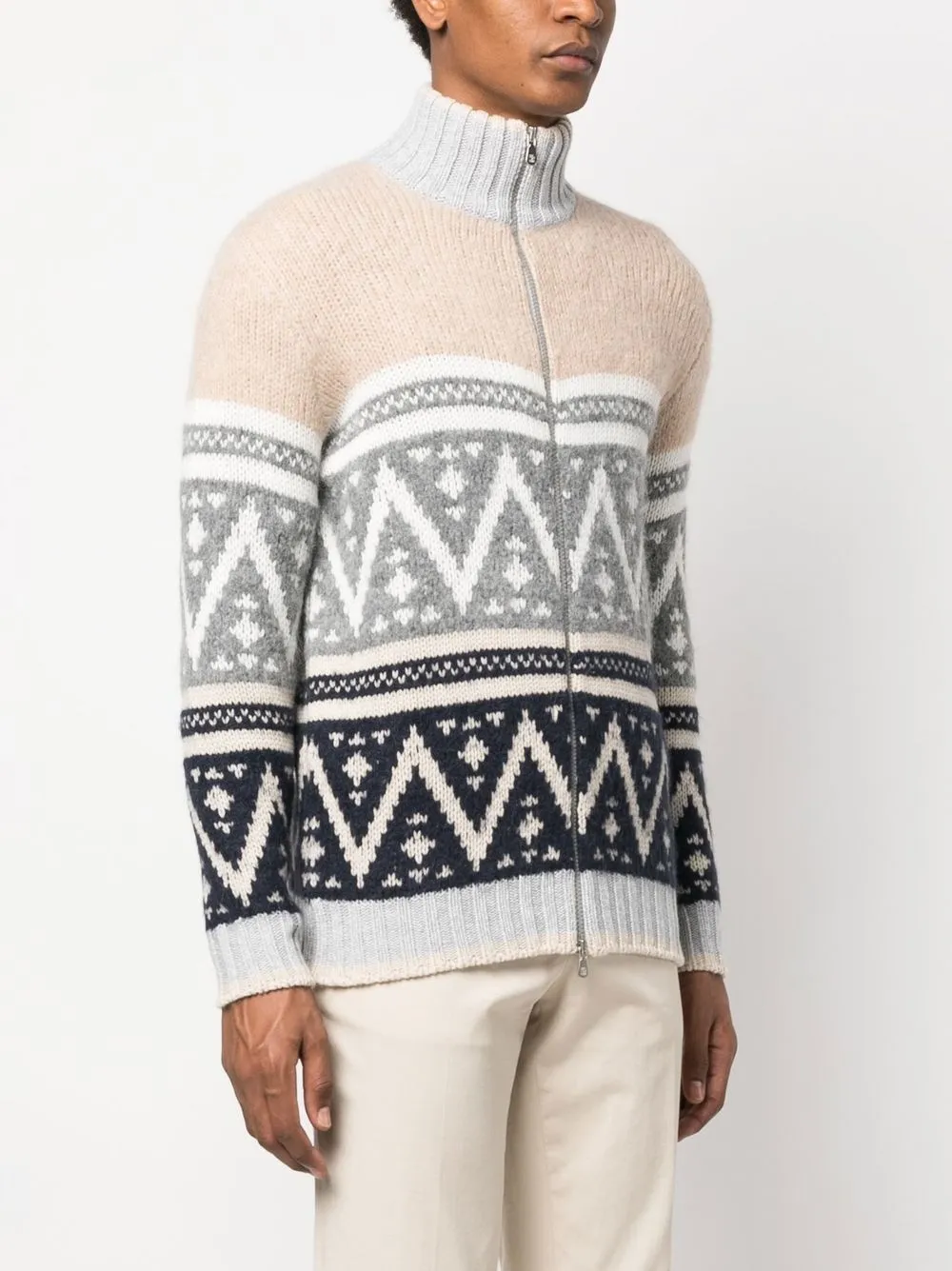 Brunello Cucinelli Zig-zag Intarsia-knit High-neck Wool Jumper In Nude