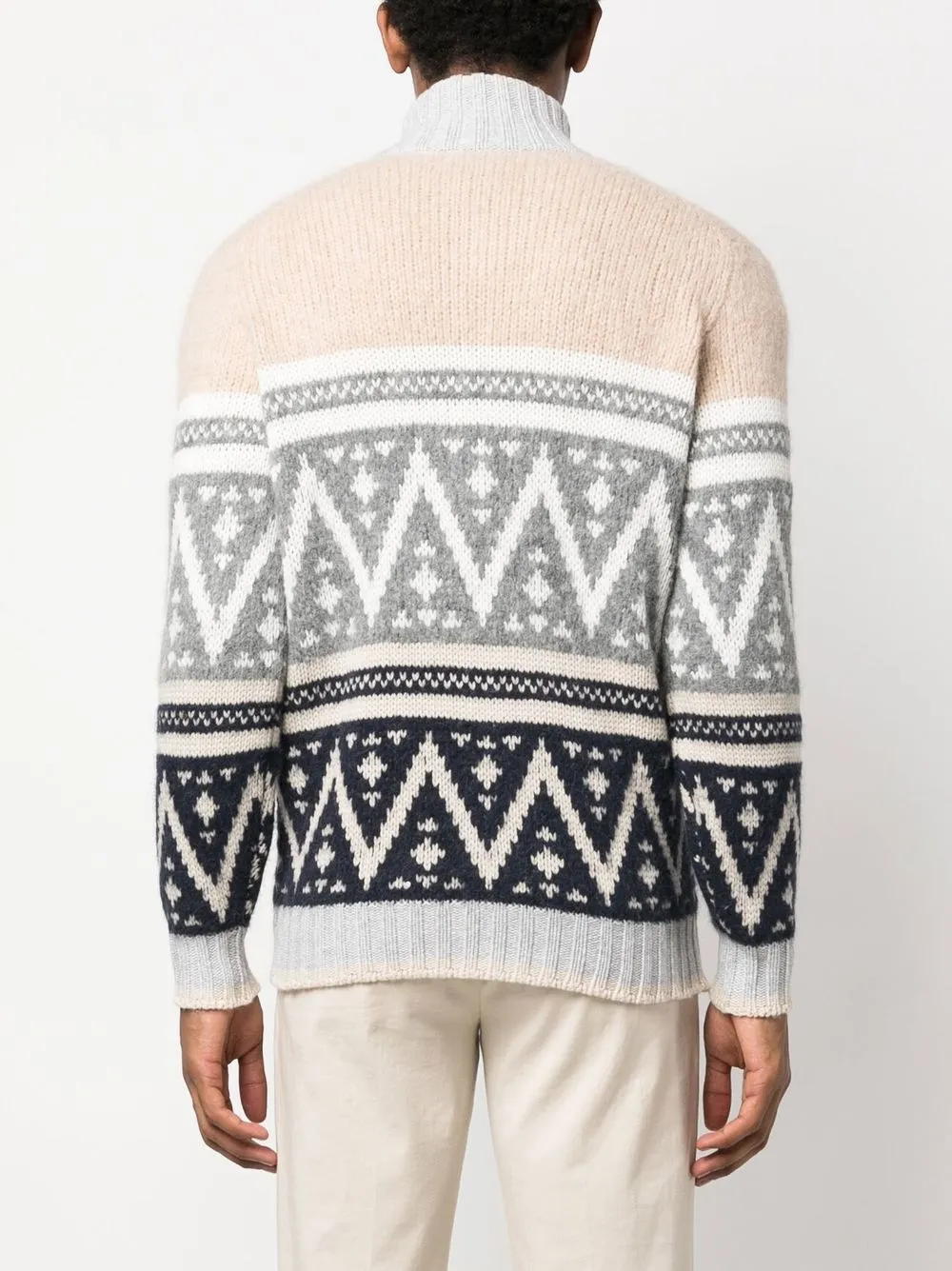Brunello Cucinelli Zig-zag Intarsia-knit High-neck Wool Jumper In Nude