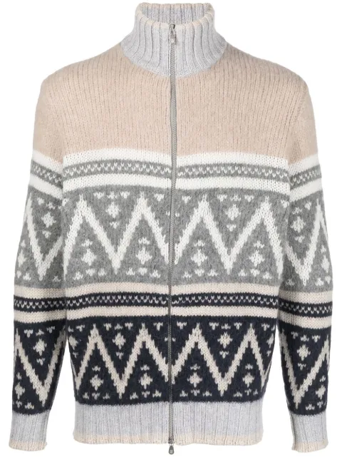 Brunello Cucinelli zig-zag intarsia-knit high-neck wool jumper