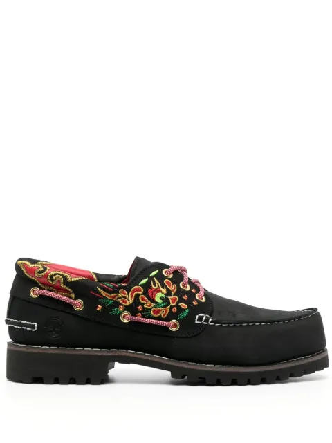 Timberland floral-embroidered leather boat shoes