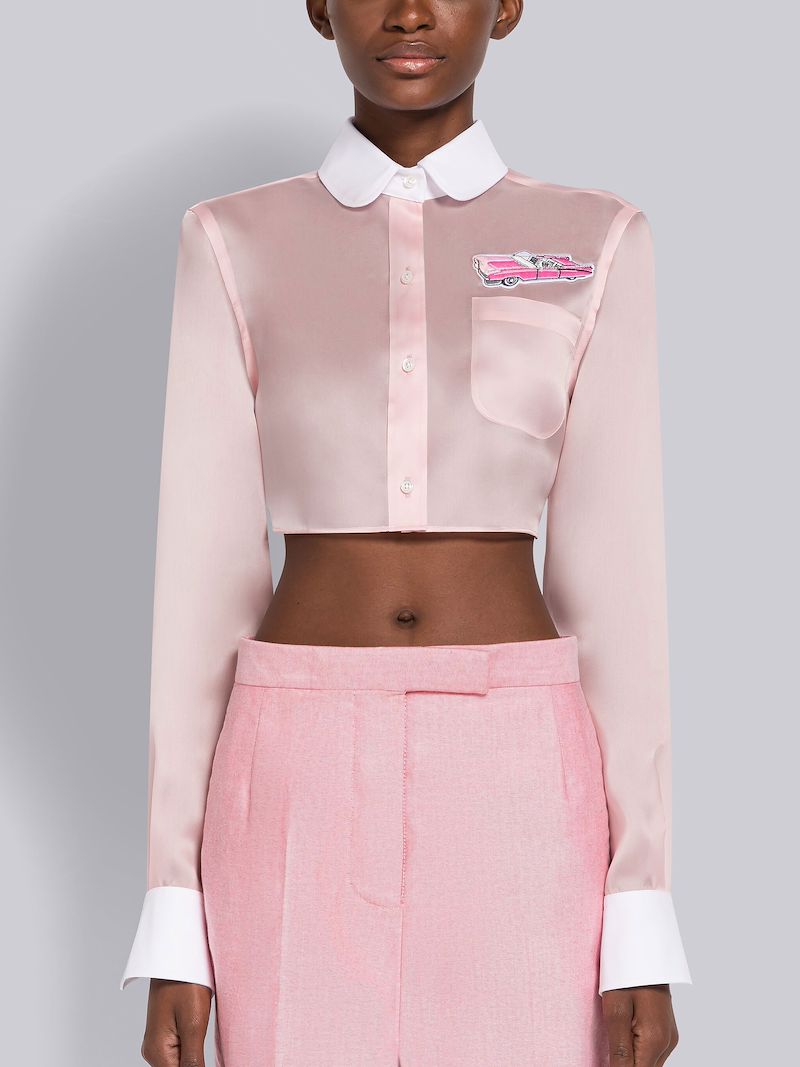Double Satin Organza Combo Cropped Round Collar Shirt Thom Browne