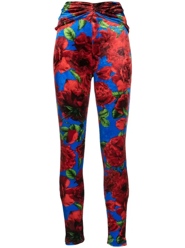Magda Butrym Rose-print Velvet Leggings in Blue