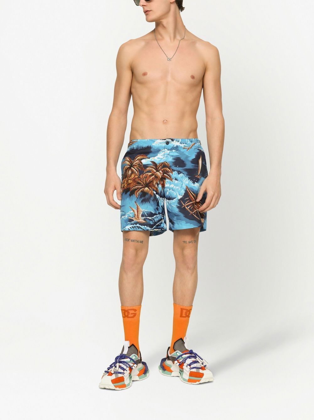 Shop Dolce & Gabbana Sea-print Buttoned Swim Shorts In Blue