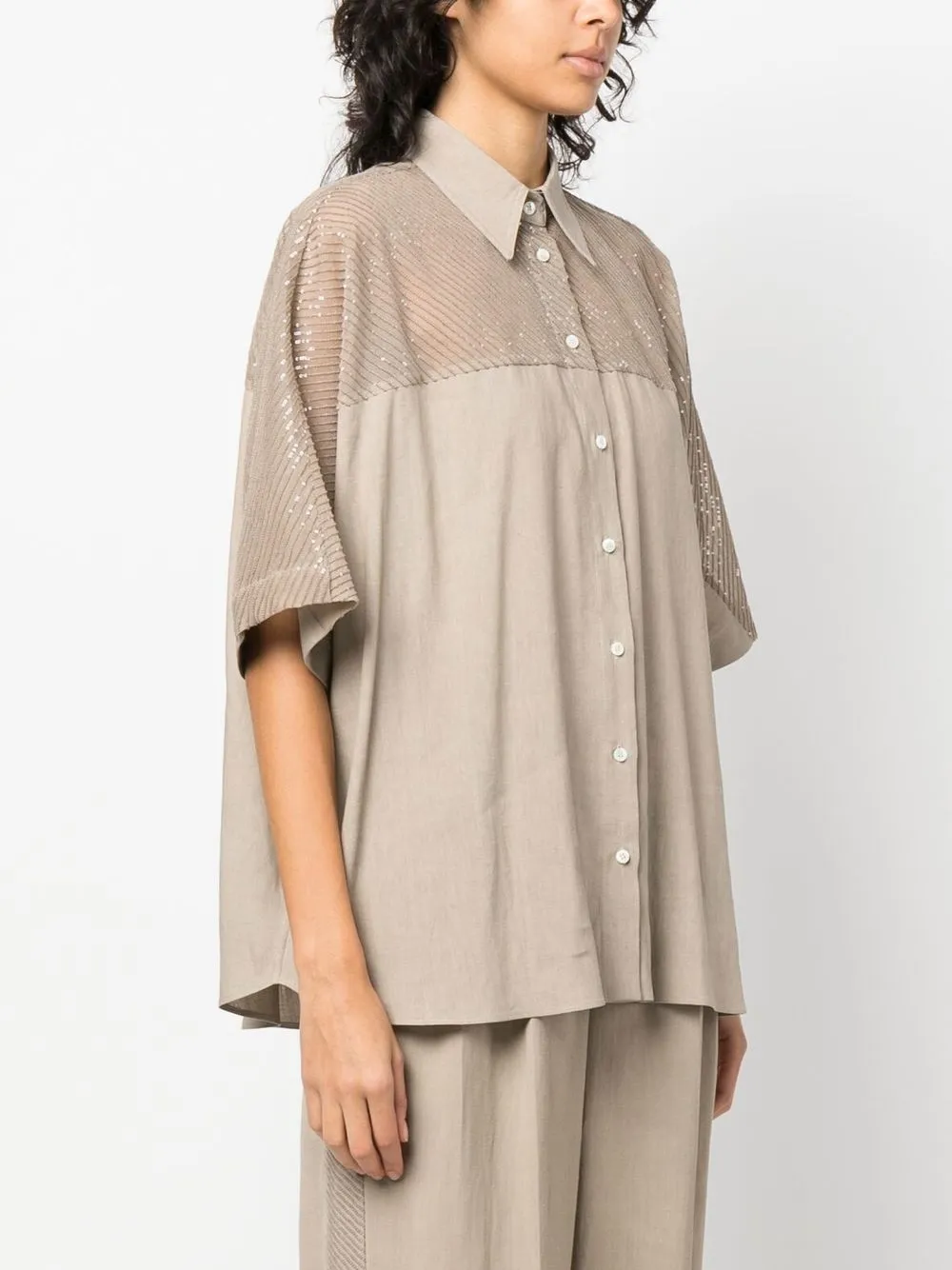 Brunello Cucinelli Sequin-embellished Short-sleeved Shirt In Neutrals