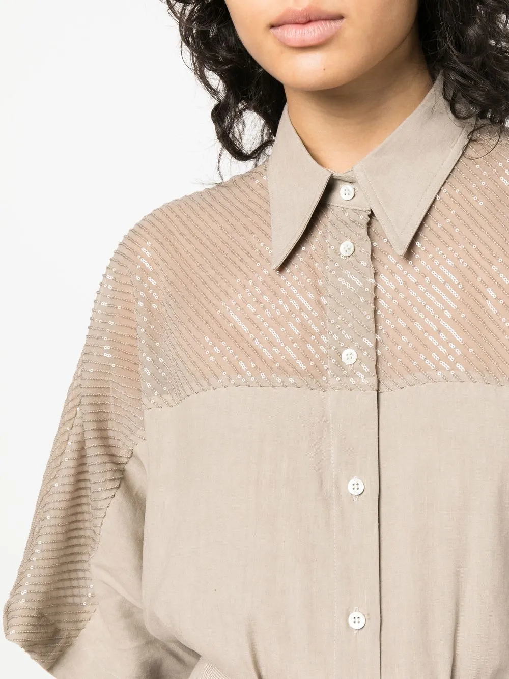 Brunello Cucinelli Sequin-embellished Short-sleeved Shirt In Neutrals