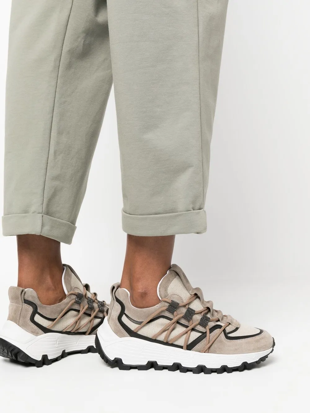 Brunello Cucinelli Drawstring Cropped Cotton Trousers In Green