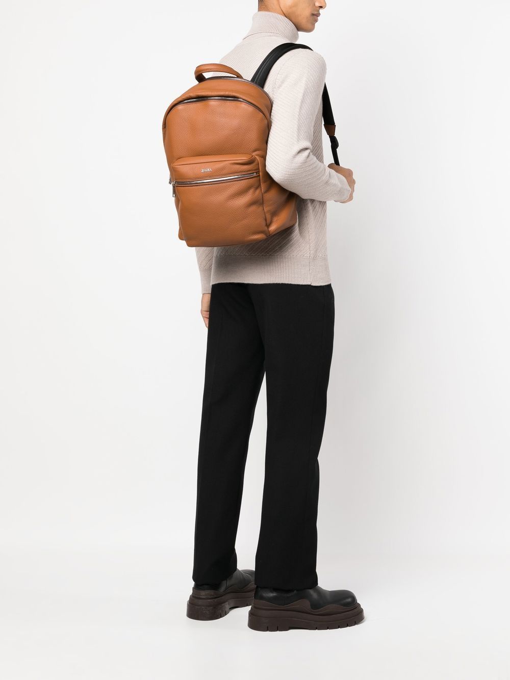 Shop Zegna Logo-plaque Leather Backpack In Brown
