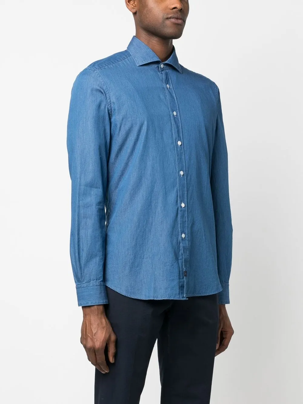 Fay French Collar Shirt In Stone-washed Denim In Blau