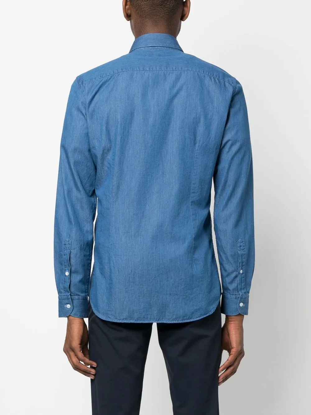 Fay French Collar Shirt In Stone-washed Denim In Blau