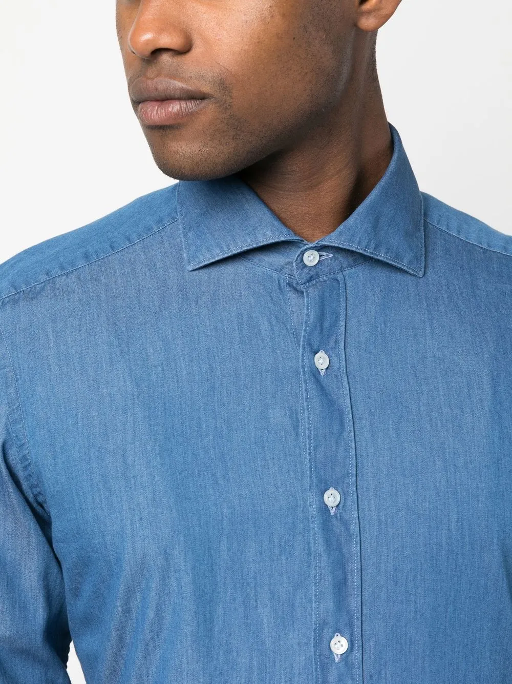 Fay French Collar Shirt In Stone-washed Denim In Blau