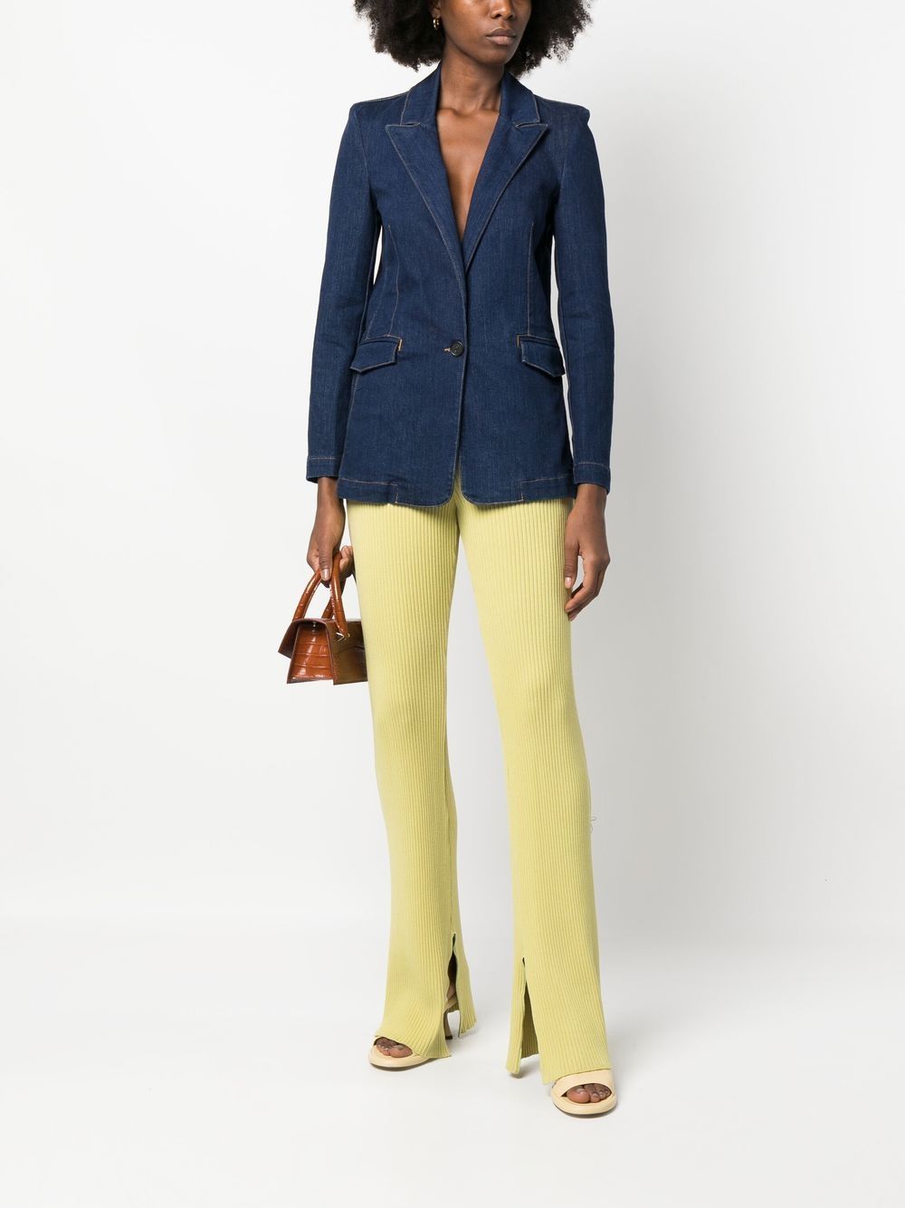 Shop Patrizia Pepe Ribbed-knit Side-slit Trousers In Yellow