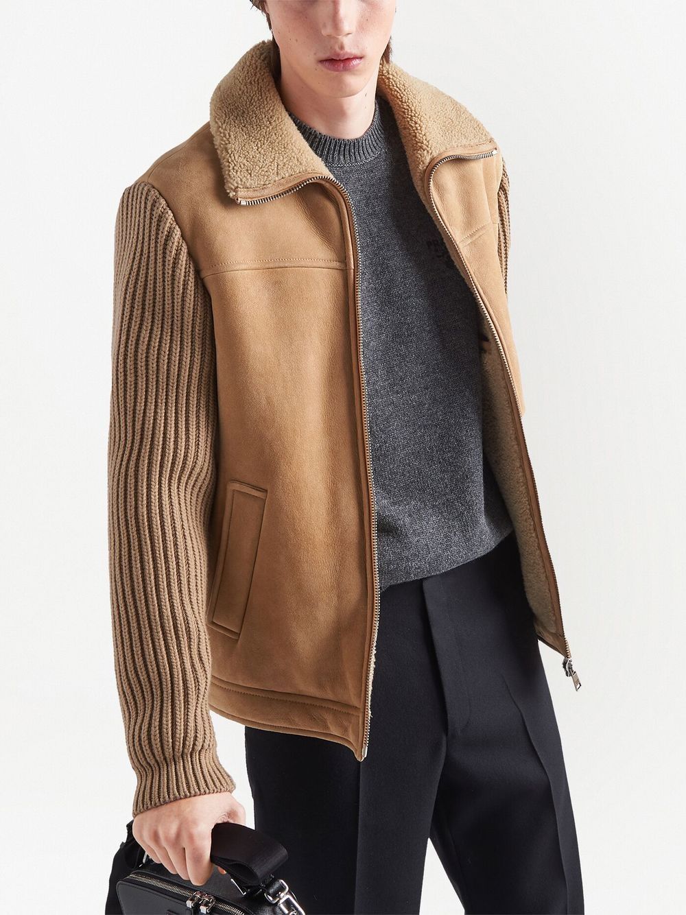 Shop Prada Logo-patch Shearling Zip-up Jacket In Brown