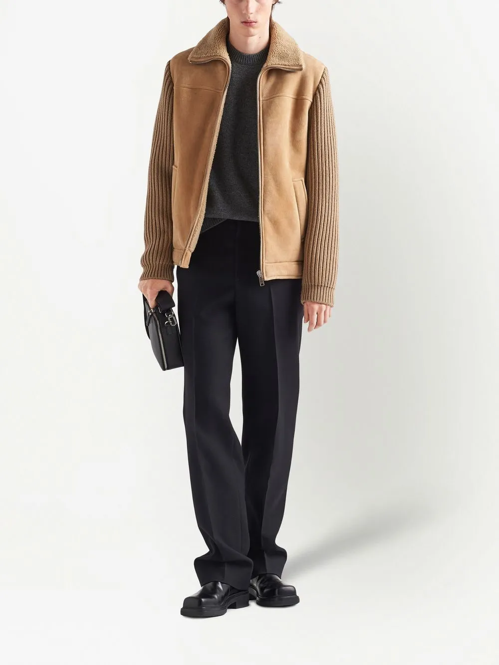 prada logo-patch shearling zip-up jacket - brown