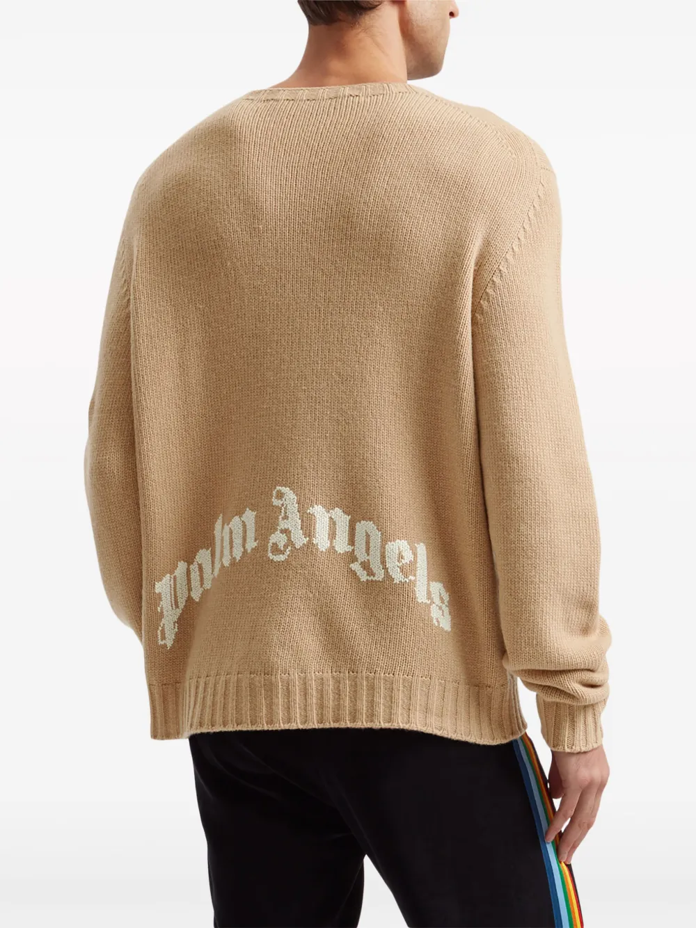 Palm Angels Curved Logo Wool Blend Knit Sweater In Neutrals