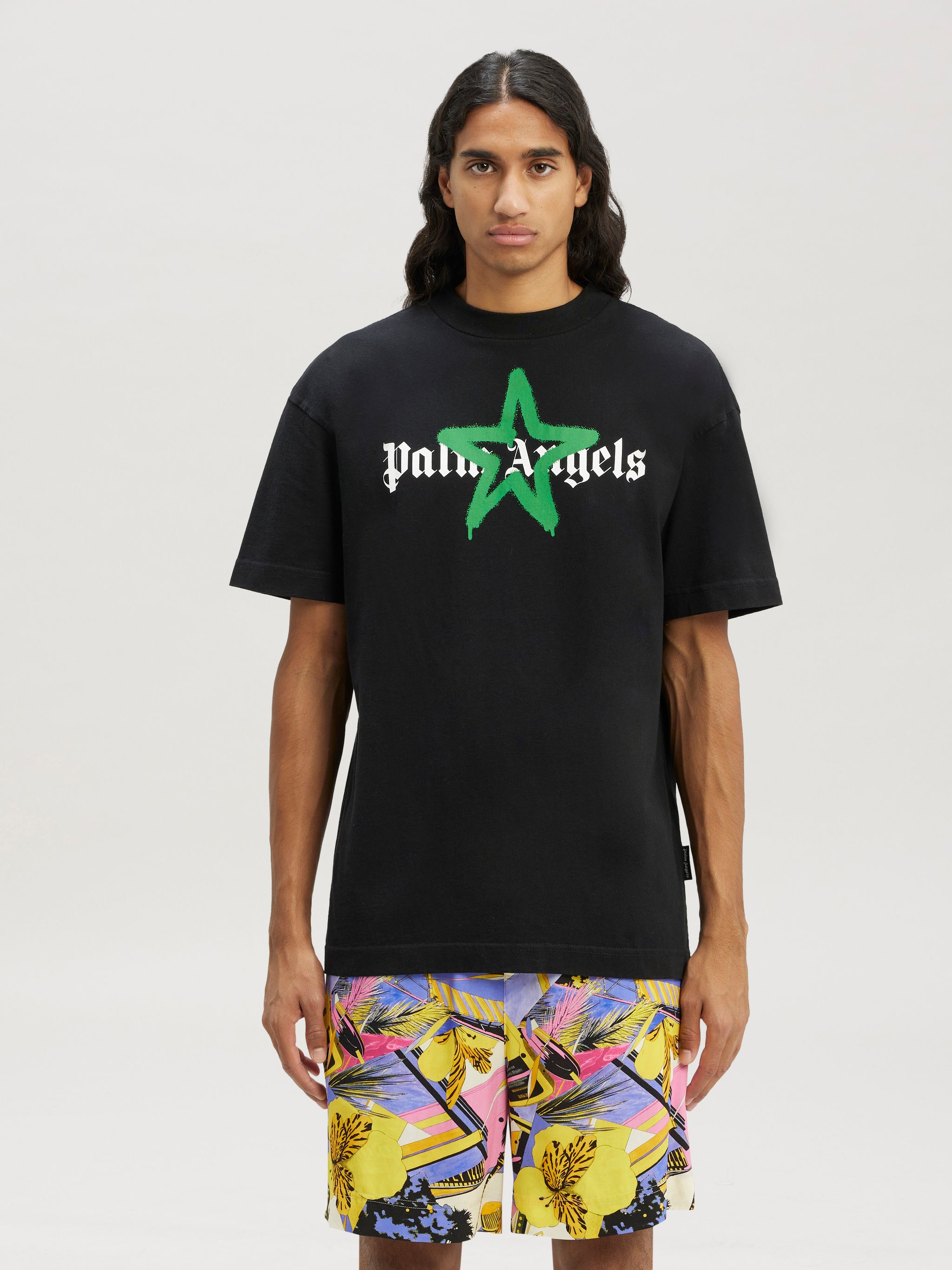 Star Sprayed Printed Cotton T Shirt in Black - Palm Angels