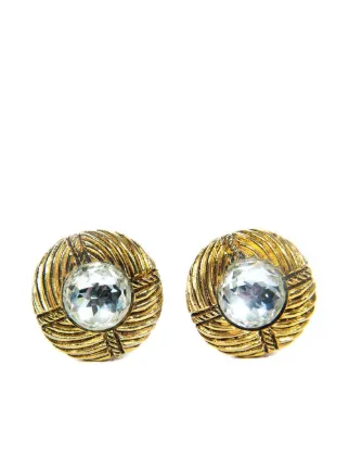 CHANEL Pre-Owned 1990s Ribbed Rhinestone clip-on Earrings | Gold  