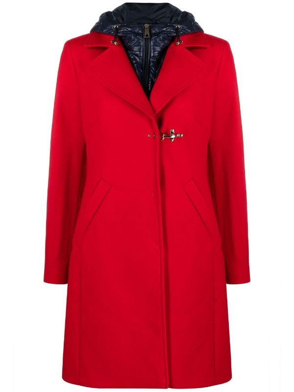 red hooded duffle coat