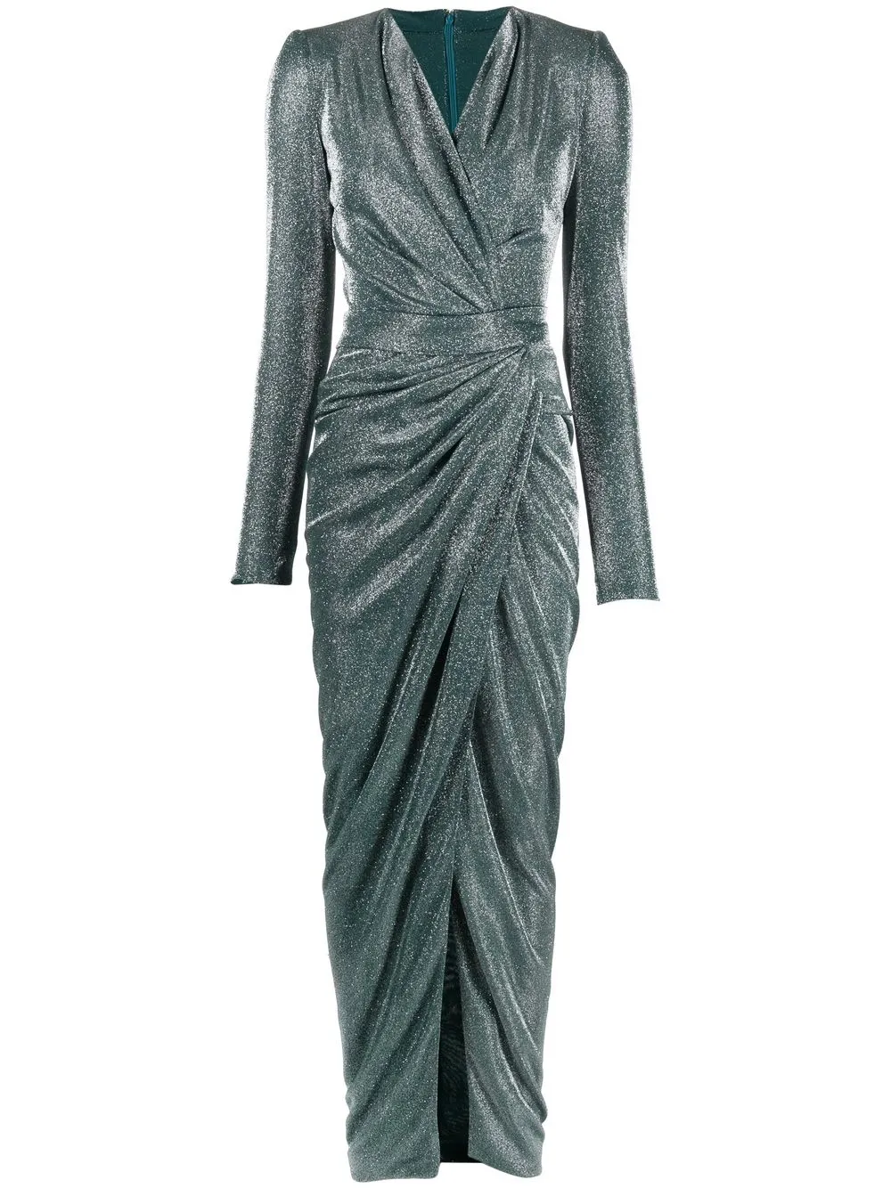 

Rhea Costa metallic gathered-wrap gown - Green