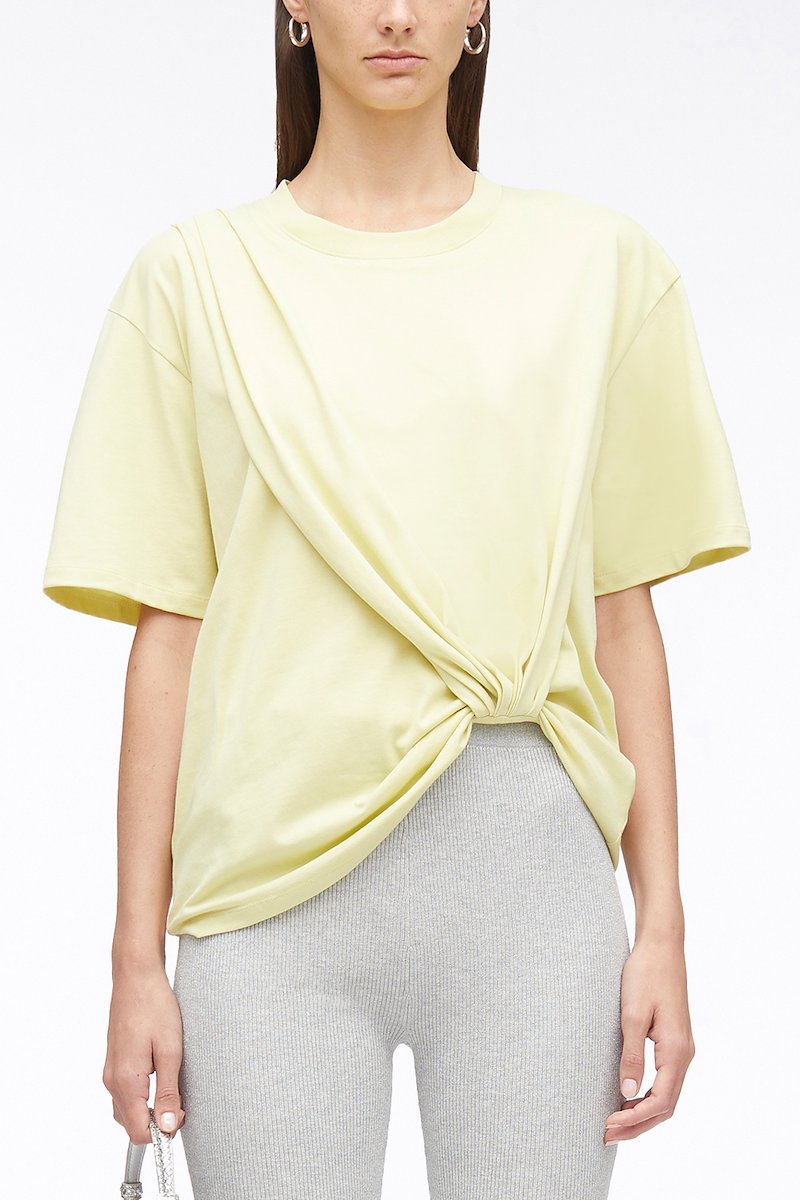 Short Sleeve Draped Cotton Jersey T-Shirt-yellow #1 Short Sleeve Draped Cotton Jersey T-Shirt, drape-detail cotton T-shirt from 3.1 PHILLIP LIM featuring light yellow, cotton, draped detailing, round neck, short sleeves and straight hem.- 1