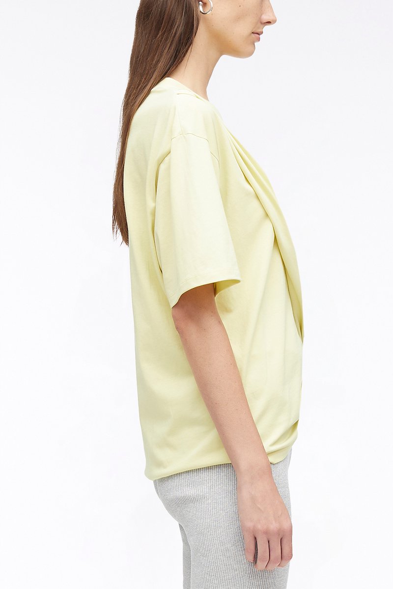 Short Sleeve Draped Cotton Jersey T-Shirt-yellow #0 Short Sleeve Draped Cotton Jersey T-Shirt, drape-detail cotton T-shirt from 3.1 PHILLIP LIM featuring light yellow, cotton, draped detailing, round neck, short sleeves and straight hem.- 2