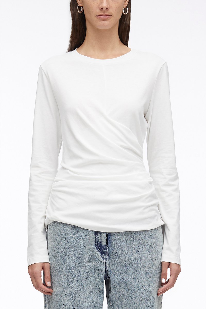 Long Sleeve Draped Cotton Jersey T-Shirt-white #1 Long Sleeve Draped Cotton Jersey T-Shirt, wraparound style T-shirt from 3.1 PHILLIP LIM featuring white, cotton, wraparound style, jersey knit, crew neck, long sleeves and straight hem.- 1