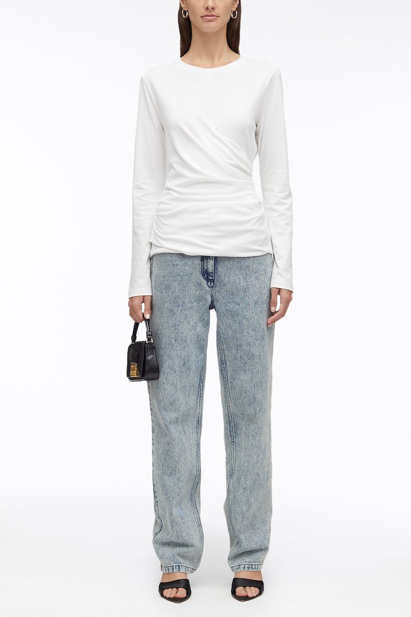 Long Sleeve Draped Cotton Jersey T-Shirt-white #0 Long Sleeve Draped Cotton Jersey T-Shirt, wraparound style T-shirt from 3.1 PHILLIP LIM featuring white, cotton, wraparound style, jersey knit, crew neck, long sleeves and straight hem.- 0