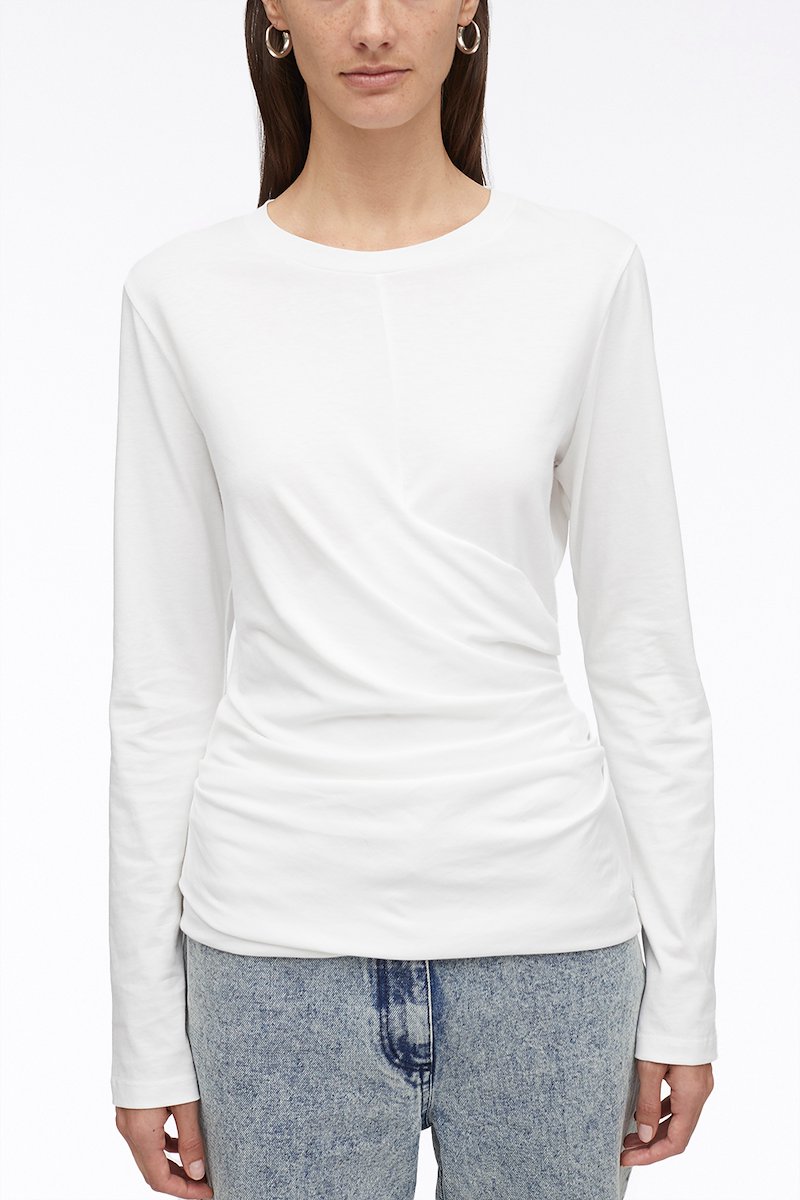 Long Sleeve Draped Cotton Jersey T-Shirt-white #0 Long Sleeve Draped Cotton Jersey T-Shirt, wraparound style T-shirt from 3.1 PHILLIP LIM featuring white, cotton, wraparound style, jersey knit, crew neck, long sleeves and straight hem.- 4