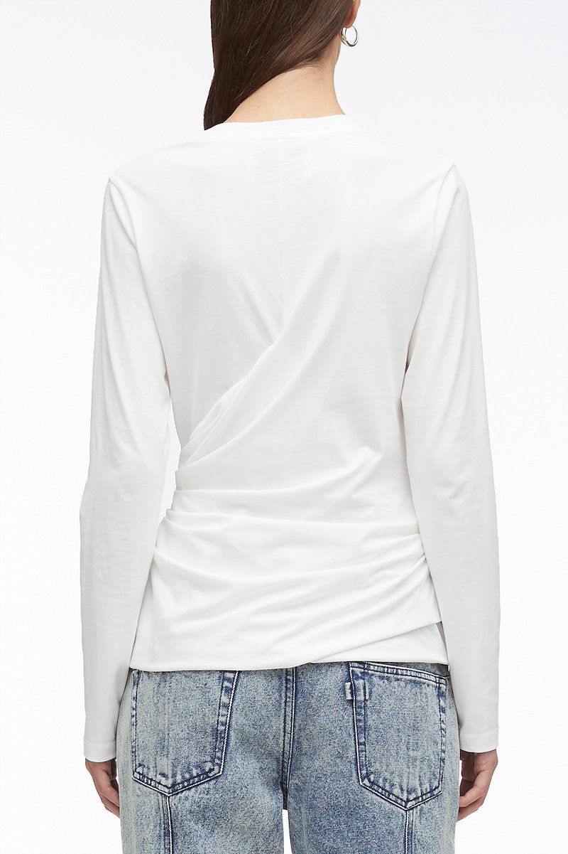 Long Sleeve Draped Cotton Jersey T-Shirt-white #1 Long Sleeve Draped Cotton Jersey T-Shirt, wraparound style T-shirt from 3.1 PHILLIP LIM featuring white, cotton, wraparound style, jersey knit, crew neck, long sleeves and straight hem.- 3