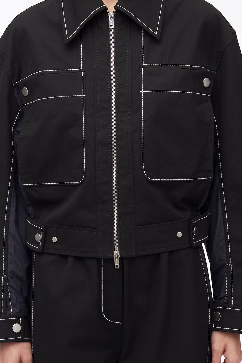 Cotton Canvas Ripstop Combo Jacket-black #1 Cotton Canvas Ripstop Combo Jacket, ripstop-panel canvas jacket from 3.1 PHILLIP LIM featuring black, cotton, canvas, contrasting panel detail, ripstop texture, contrast stitching, classic collar, front two-way zip fastening, long sleeves, two chest patch pockets and elasticated hem.- 1