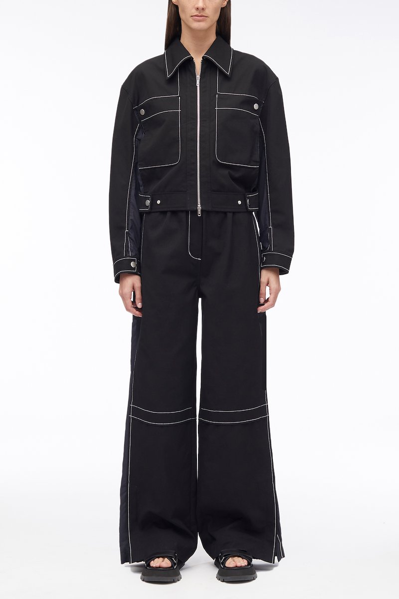 Cotton Canvas Ripstop Combo Jacket-black #0 Cotton Canvas Ripstop Combo Jacket, ripstop-panel canvas jacket from 3.1 PHILLIP LIM featuring black, cotton, canvas, contrasting panel detail, ripstop texture, contrast stitching, classic collar, front two-way zip fastening, long sleeves, two chest patch pockets and elasticated hem.- 0