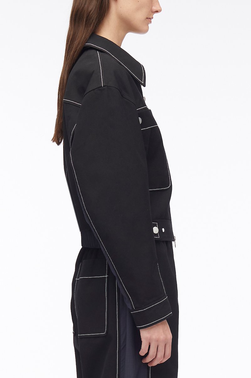 Cotton Canvas Ripstop Combo Jacket-black #0 Cotton Canvas Ripstop Combo Jacket, ripstop-panel canvas jacket from 3.1 PHILLIP LIM featuring black, cotton, canvas, contrasting panel detail, ripstop texture, contrast stitching, classic collar, front two-way zip fastening, long sleeves, two chest patch pockets and elasticated hem.- 2