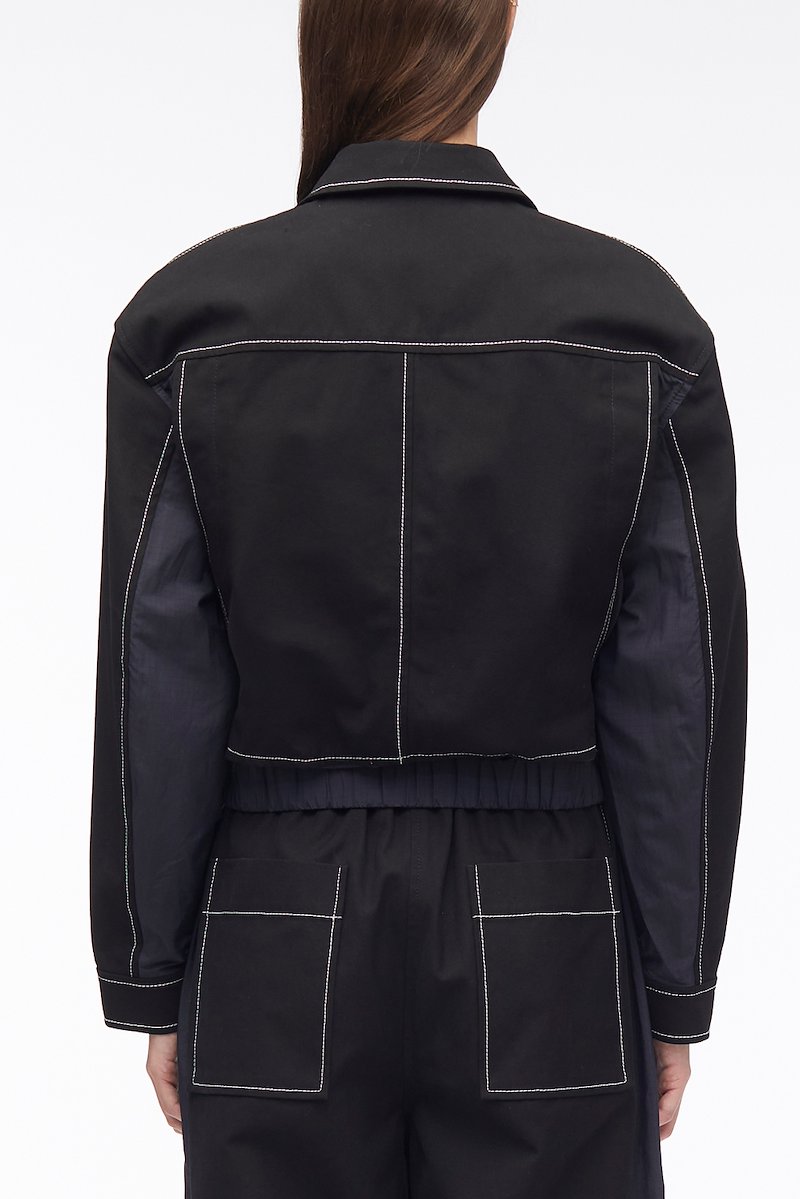 Cotton Canvas Ripstop Combo Jacket-black #1 Cotton Canvas Ripstop Combo Jacket, ripstop-panel canvas jacket from 3.1 PHILLIP LIM featuring black, cotton, canvas, contrasting panel detail, ripstop texture, contrast stitching, classic collar, front two-way zip fastening, long sleeves, two chest patch pockets and elasticated hem.- 3