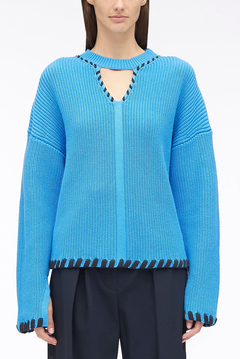 Chunky Cotton Rib V-Neck Pullover-blue #1 Chunky Cotton Rib V-Neck Pullover, ribbed V-neck jumper from 3.1 PHILLIP LIM featuring blue, cotton, V-neck, cut-out detailing, crew neck, drop shoulder, long sleeves and split cuffs.- 1