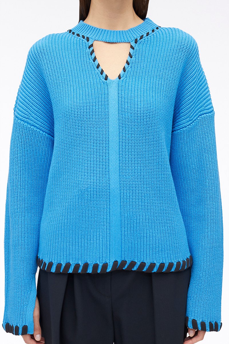 Chunky Cotton Rib V-Neck Pullover-blue #0 Chunky Cotton Rib V-Neck Pullover, ribbed V-neck jumper from 3.1 PHILLIP LIM featuring blue, cotton, V-neck, cut-out detailing, crew neck, drop shoulder, long sleeves and split cuffs.- 4