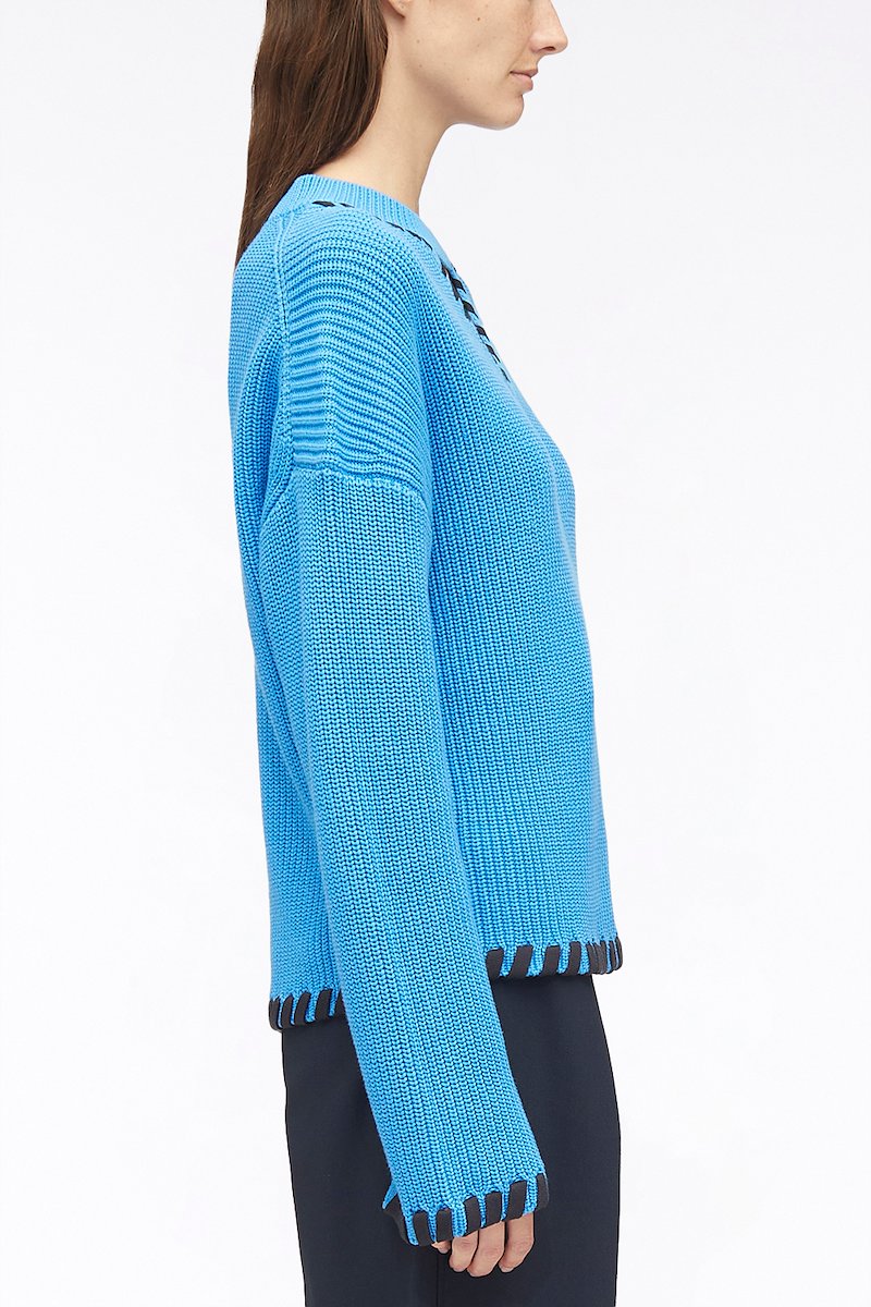 Chunky Cotton Rib V-Neck Pullover-blue #0 Chunky Cotton Rib V-Neck Pullover, ribbed V-neck jumper from 3.1 PHILLIP LIM featuring blue, cotton, V-neck, cut-out detailing, crew neck, drop shoulder, long sleeves and split cuffs.- 2