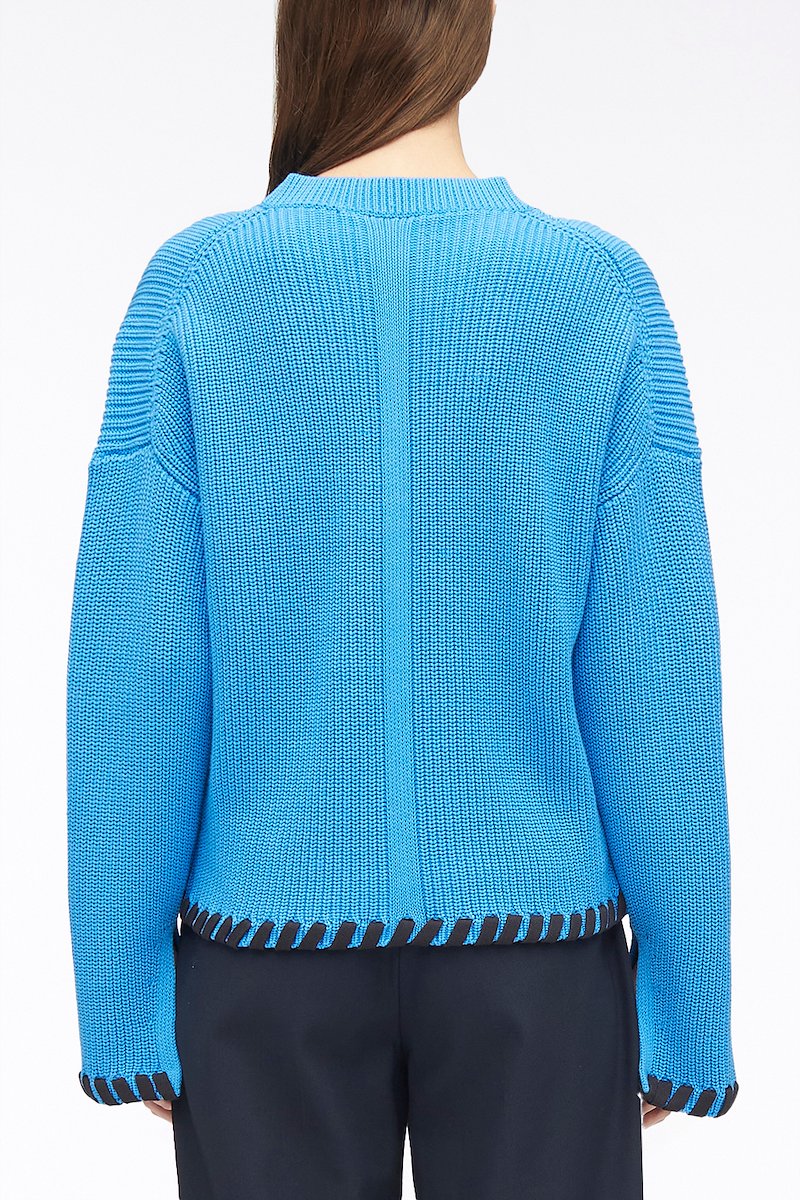 Chunky Cotton Rib V-Neck Pullover-blue #1 Chunky Cotton Rib V-Neck Pullover, ribbed V-neck jumper from 3.1 PHILLIP LIM featuring blue, cotton, V-neck, cut-out detailing, crew neck, drop shoulder, long sleeves and split cuffs.- 3