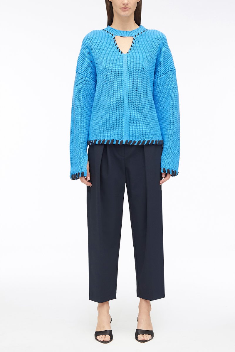Chunky Cotton Rib V-Neck Pullover-blue #0 Chunky Cotton Rib V-Neck Pullover, ribbed V-neck jumper from 3.1 PHILLIP LIM featuring blue, cotton, V-neck, cut-out detailing, crew neck, drop shoulder, long sleeves and split cuffs.- 0