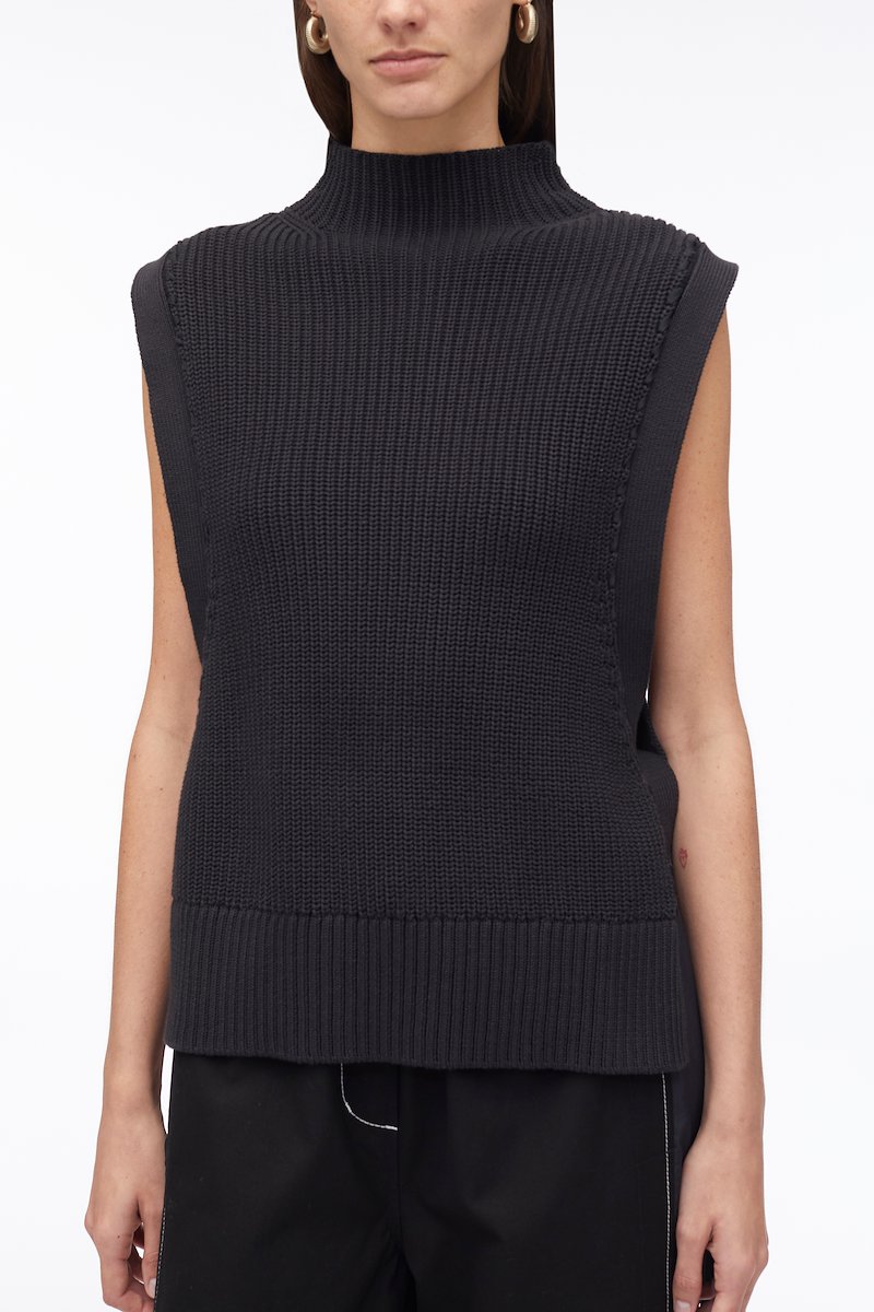 Chunky Cotton Rib Shell With Ties-blue #0 Chunky Cotton Rib Shell With Ties, tie-detail jumper from 3.1 PHILLIP LIM featuring navy blue, cotton, mock neck, sleeveless, ribbed edge and side tie fastening.- 4