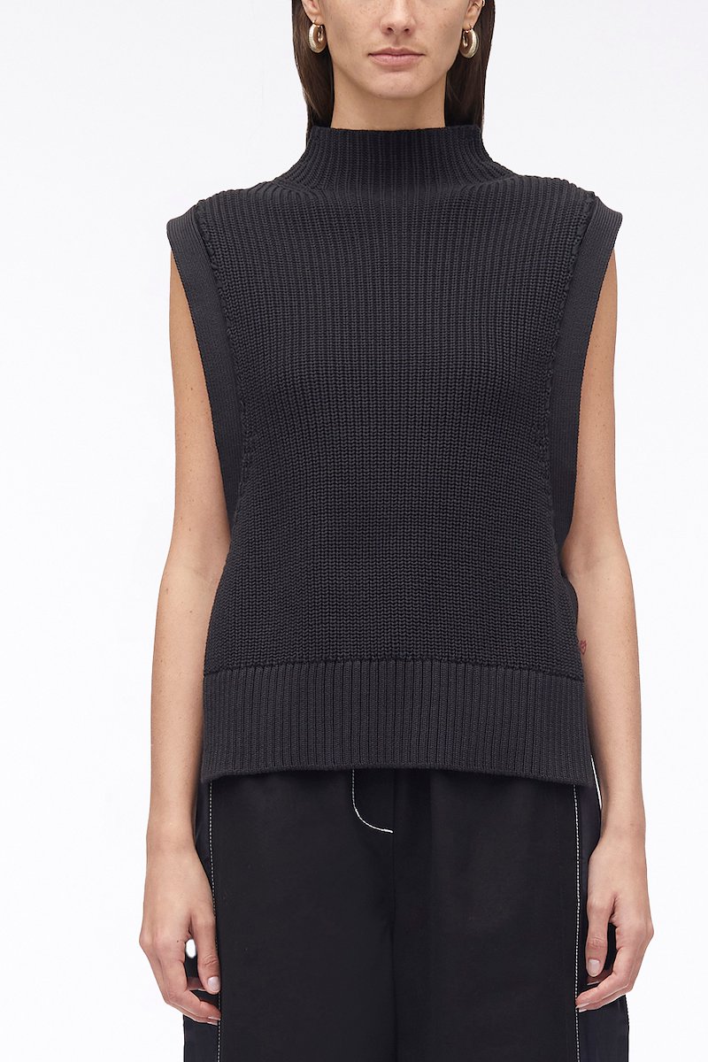 Chunky Cotton Rib Shell With Ties-blue #1 Chunky Cotton Rib Shell With Ties, tie-detail jumper from 3.1 PHILLIP LIM featuring navy blue, cotton, mock neck, sleeveless, ribbed edge and side tie fastening.- 1