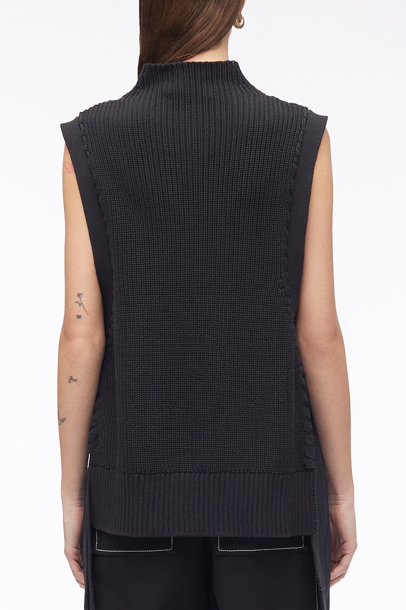 Chunky Cotton Rib Shell With Ties-blue #1 Chunky Cotton Rib Shell With Ties, tie-detail jumper from 3.1 PHILLIP LIM featuring navy blue, cotton, mock neck, sleeveless, ribbed edge and side tie fastening.- 3
