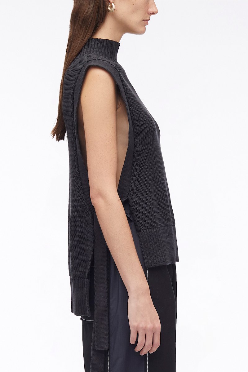 Chunky Cotton Rib Shell With Ties-blue #0 Chunky Cotton Rib Shell With Ties, tie-detail jumper from 3.1 PHILLIP LIM featuring navy blue, cotton, mock neck, sleeveless, ribbed edge and side tie fastening.- 2