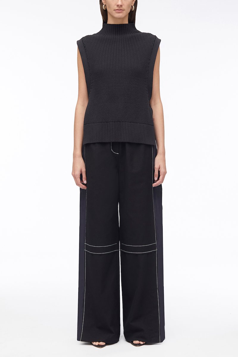 Chunky Cotton Rib Shell With Ties-blue #0 Chunky Cotton Rib Shell With Ties, tie-detail jumper from 3.1 PHILLIP LIM featuring navy blue, cotton, mock neck, sleeveless, ribbed edge and side tie fastening.- 0