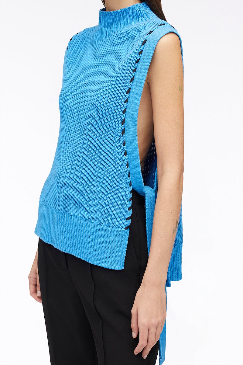 Chunky Cotton Rib Shell With Ties-blue #0 Chunky Cotton Rib Shell With Ties, chunky ribbed-knit sleeveless jumper from 3.1 PHILLIP LIM featuring blue, cotton, ribbed knit, mock neck, whipstitch detailing, sleeveless and side tie fastening.- 4