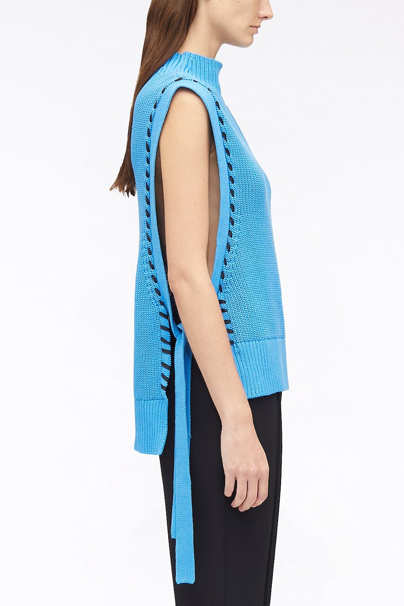 Chunky Cotton Rib Shell With Ties-blue #0 Chunky Cotton Rib Shell With Ties, chunky ribbed-knit sleeveless jumper from 3.1 PHILLIP LIM featuring blue, cotton, ribbed knit, mock neck, whipstitch detailing, sleeveless and side tie fastening.- 2