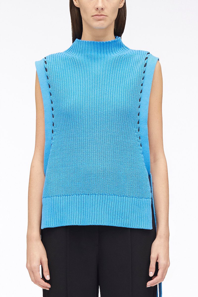 Chunky Cotton Rib Shell With Ties-blue #1 Chunky Cotton Rib Shell With Ties, chunky ribbed-knit sleeveless jumper from 3.1 PHILLIP LIM featuring blue, cotton, ribbed knit, mock neck, whipstitch detailing, sleeveless and side tie fastening.- 1