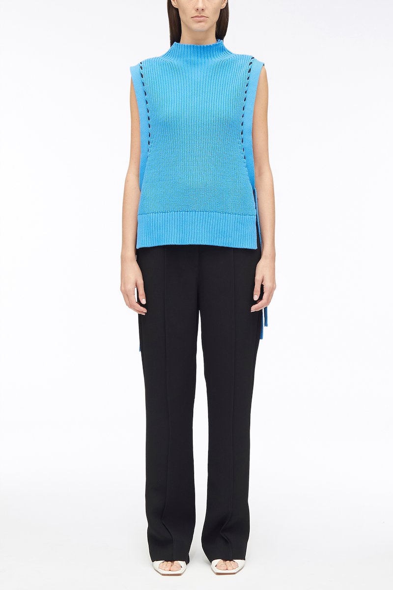 Chunky Cotton Rib Shell With Ties-blue #0 Chunky Cotton Rib Shell With Ties, chunky ribbed-knit sleeveless jumper from 3.1 PHILLIP LIM featuring blue, cotton, ribbed knit, mock neck, whipstitch detailing, sleeveless and side tie fastening.- 0