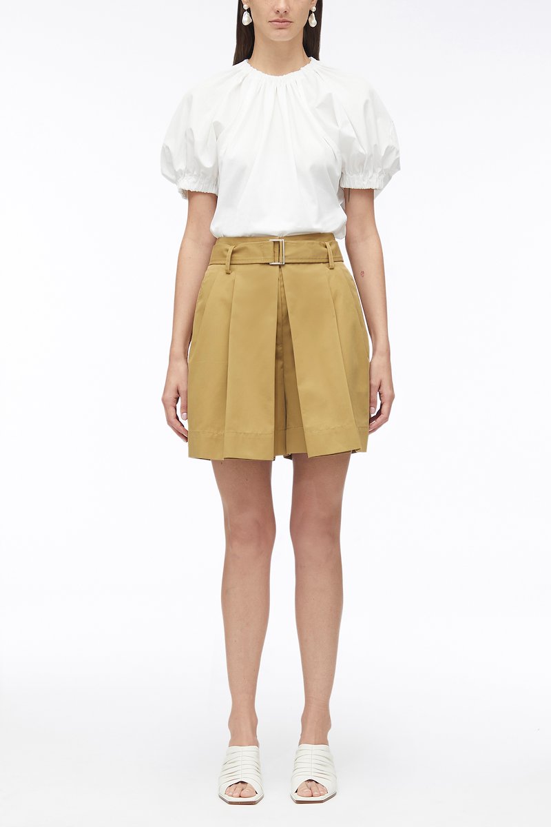 Chino Pleated Short-brown #0 Chino Pleated Short, chino pleated short from 3.1 PHILLIP LIM featuring camel brown, cotton blend, box-pleat design, belted waist, concealed front fastening, two side slit pockets, rear slit pocket and straight hem.- 0