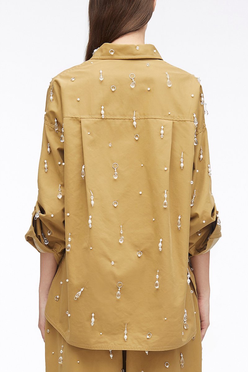 Drip Embellished Chino Button Up Shirt Jacket-brown #1 Drip Embellished Chino Button Up Shirt Jacket, bead-embellished chino shirt from 3.1 PHILLIP LIM featuring brown, cotton blend, bead embellishment, classic collar, front button fastening, long sleeves, buttoned cuffs and side slits.- 3