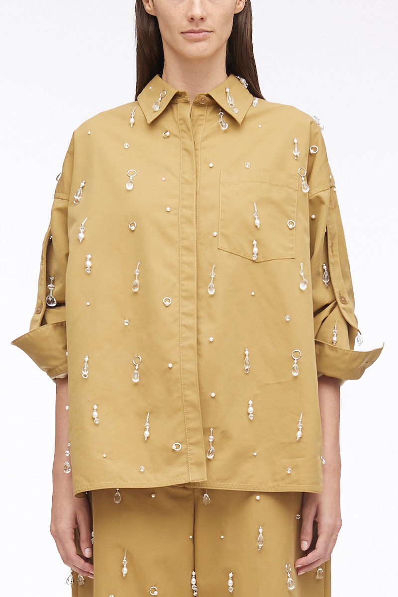 Drip Embellished Chino Button Up Shirt Jacket, bead-embellished chino shirt from 3.1 PHILLIP LIM featuring brown, cotton blend, bead embellishment, classic collar, front button fastening, long sleeves, buttoned cuffs and side slits.- 1